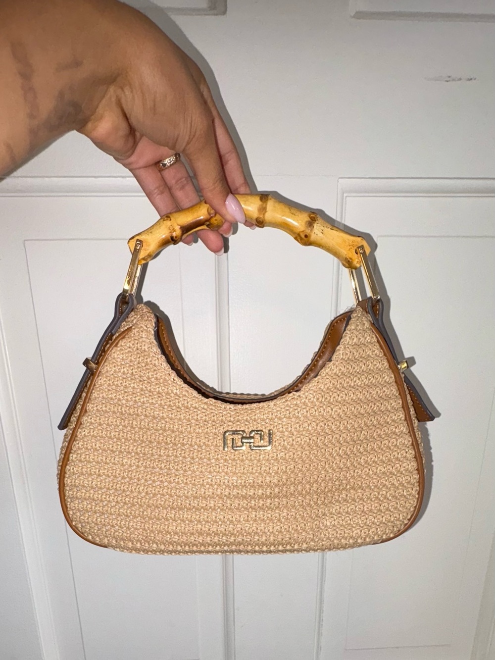 Aldo Woven Straw Shoulder Bag with Bamboo Handle - Tan